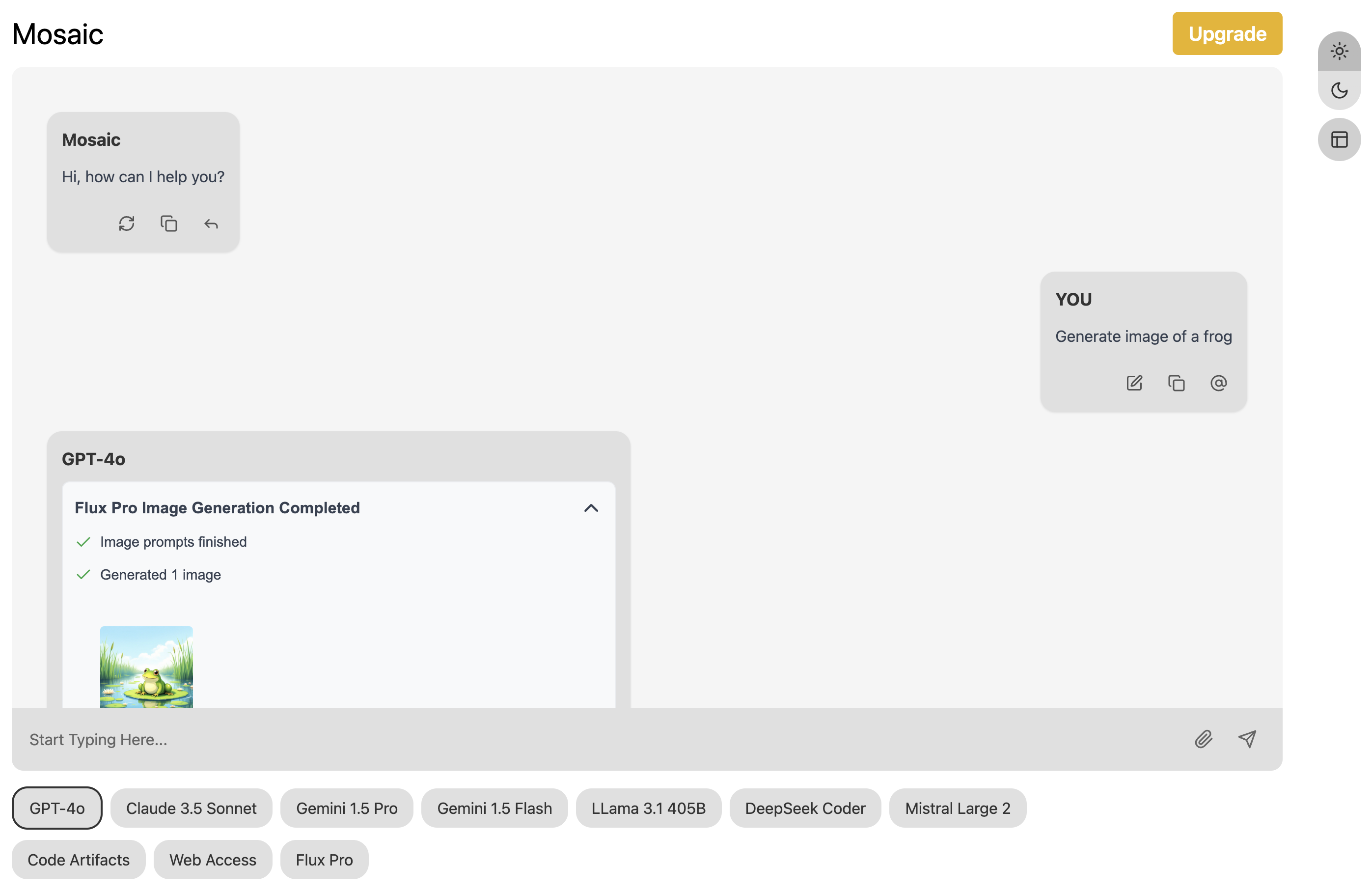 Mosaic AI dashboard interface showing a modern, clean layout with a chat interface, model selection bar, and file management system. The interface features a dark theme option, multiple AI model integrations, and collaborative workspace tools for seamless AI interactions and development workflows